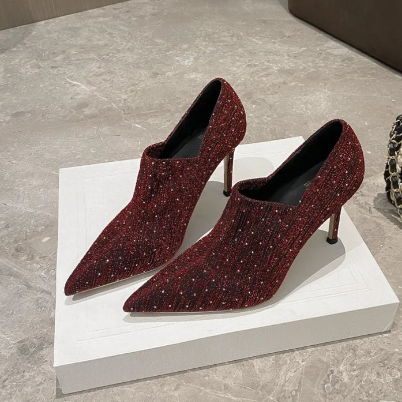 Burgundy Sequined Pointed-toe Stiletto Heels For Women