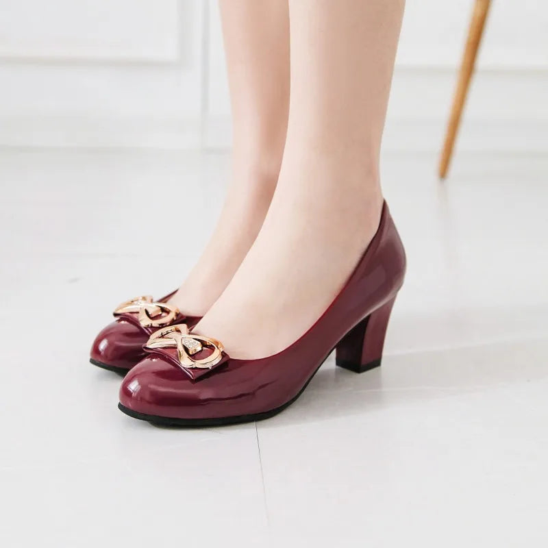 Burgundy Block Heels with Gold Buckle Accent