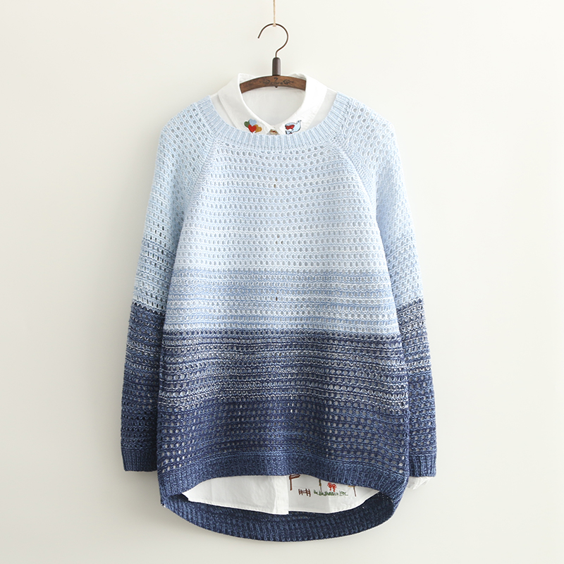 Sweet Hollow Out Blue Gradient Ombre Knit Sweater