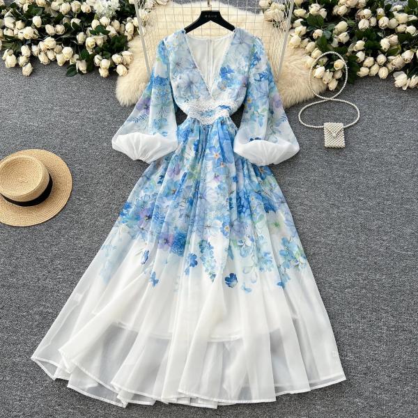 blue and white chiffon maxi dress Resort Wear